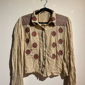 FARM Rio Beige Blouse with Red Floral Accents